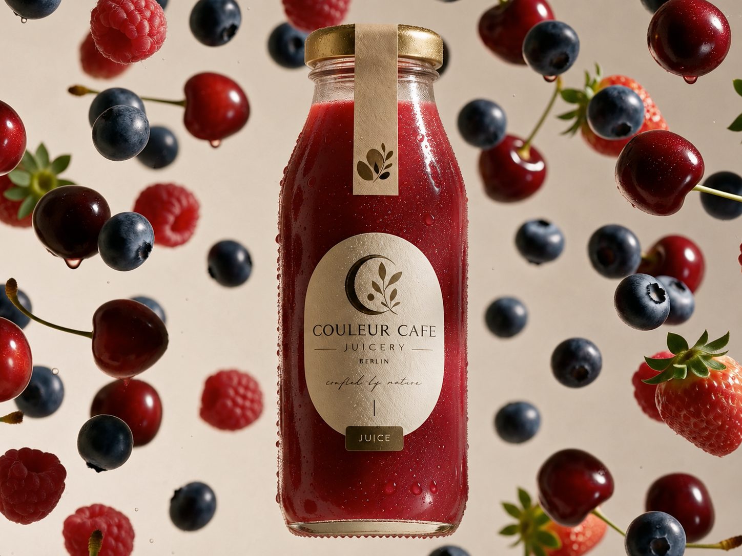 Couleur Cafe juice bottle with suspended fruit