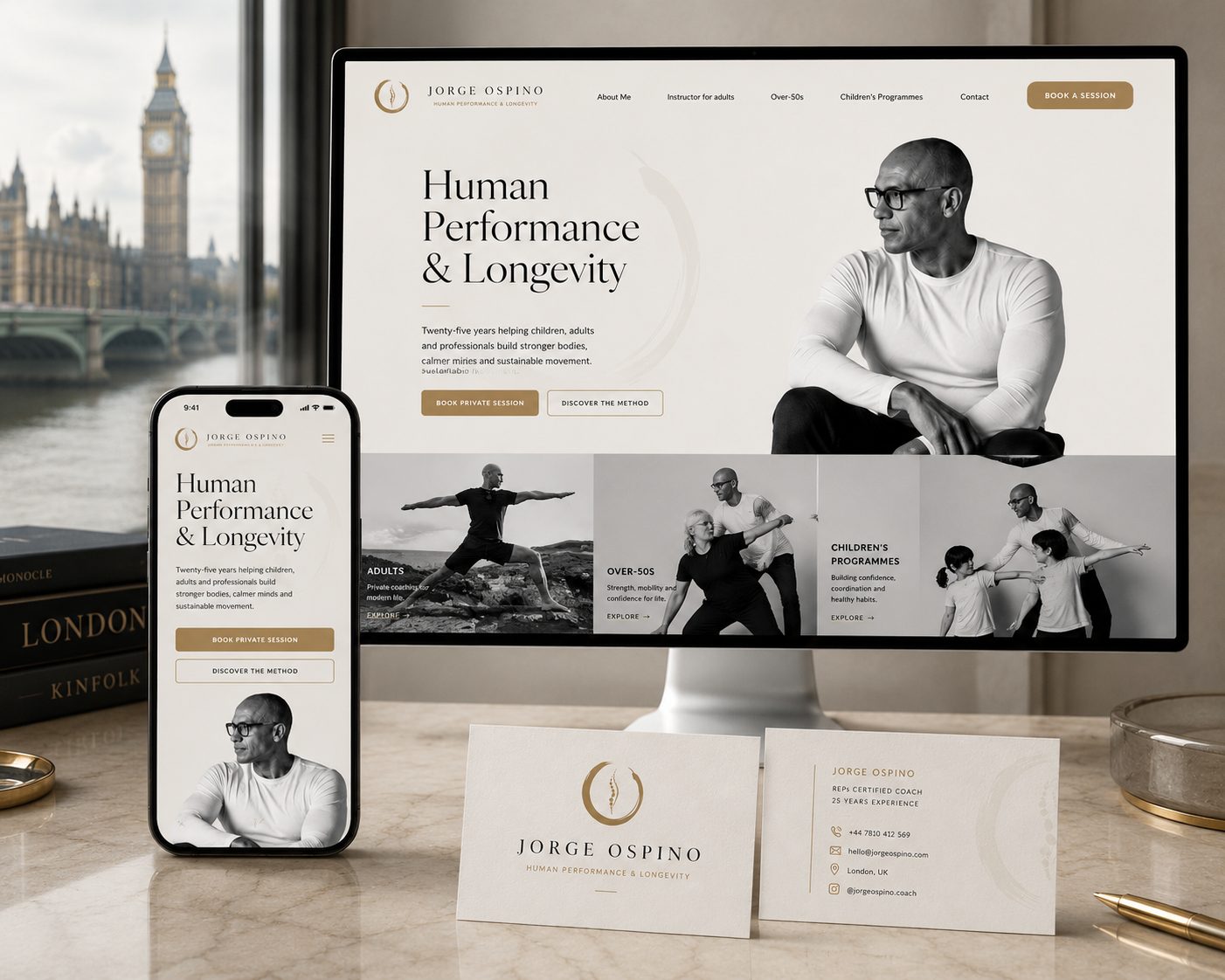 Jorge Ospino identity system — website, mobile and business cards