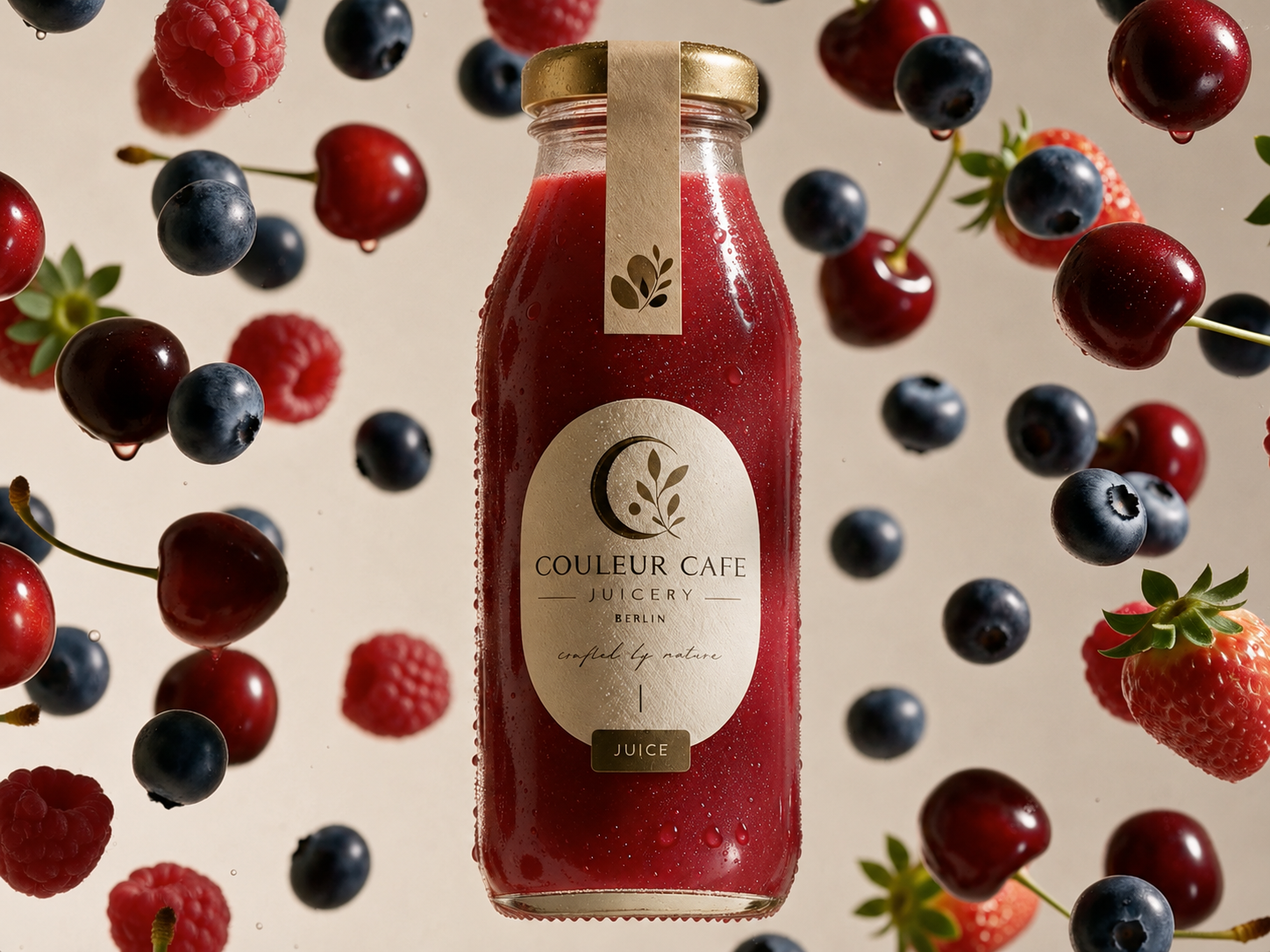 Couleur Cafe juice bottle with suspended fruit